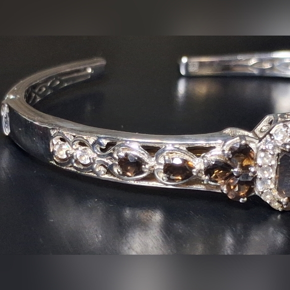 Smokey Quartz & Zirchon Open Cuff Sterling Silver Bracelet 11.10 cts - Picture 5 of 15